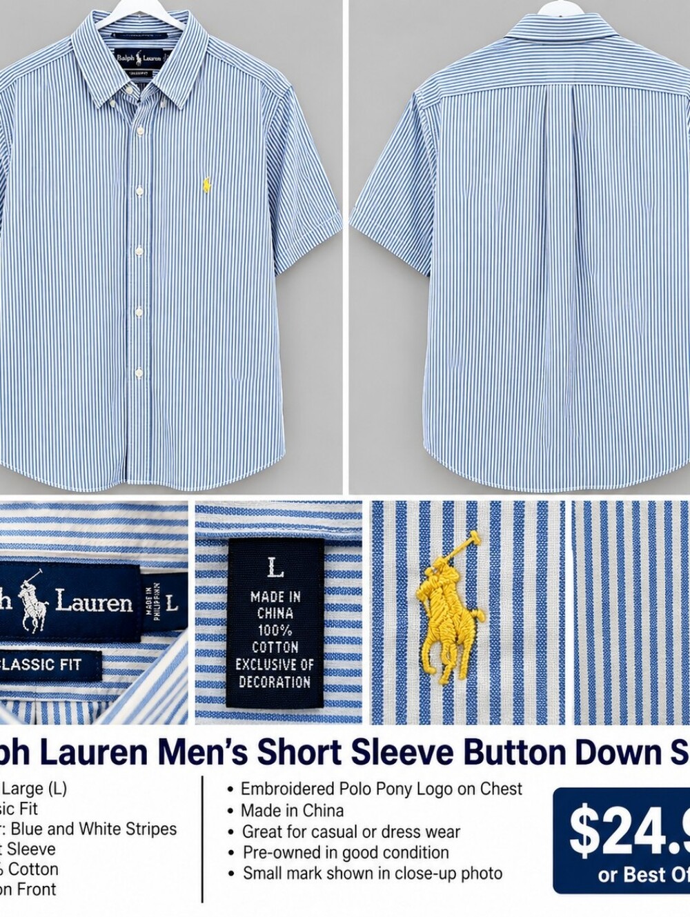 Ralph Lauren Blue and White Striped Short-Sleeve Button-Down Shirt